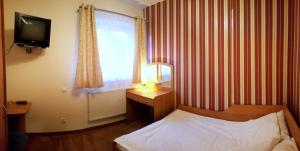 a bedroom with a bed and a television and a window at Hotel Marco Płońsk Szkolna 115 in Płońsk