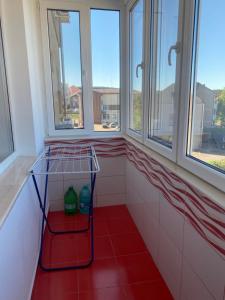 een betegelde kamer met 2 ramen en een rode vloer bij Apartament Lena in Baile Felix +16 foto's