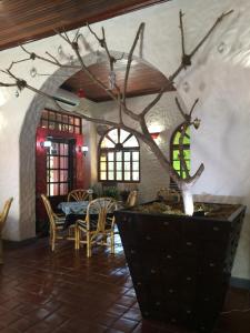 une salle à manger avec une table et un arbre dans une commode dans l'établissement Hotel Fenix, à Tapachula