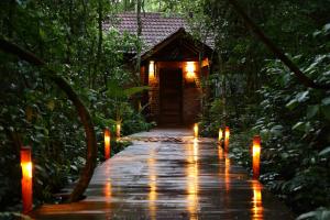 a path leading to a cabin with lights on it at Tierra Guaraní Lodge in Puerto Iguazú
