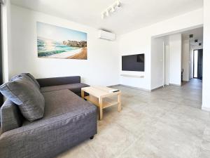 Una sala de estar con un sofá y un televisor. en Apartment Stancijeta S1, en Novigrad Istria