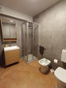 ein Badezimmer mit Dusche, Toilette und Waschbecken in der Unterkunft Villa Emma in Ponte di Legno + 24 Fotos