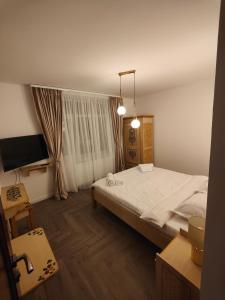 a bedroom with a large bed and a tv at Ferien Chalet in Buşteni