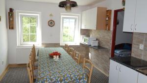 a kitchen with a table and some chairs and a table and a kitchen at Guest House Melusine in Loučná pod Klínovcem