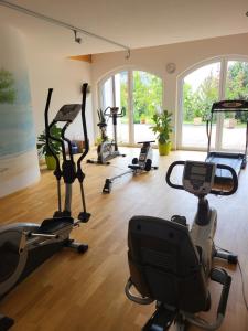 Un gimnasio con varias bicicletas estáticas en una habitación. en Résidence au cœur du village, en Leukerbad 7 fotos más