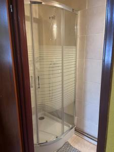 a shower with a glass door in a bathroom at Noclegi U Waldiego in Starachowice