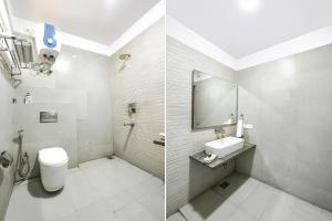 two pictures of a bathroom with a sink and a toilet at FabHotel Silver Oak BnB - Nr Yashobhoomi Convention Centre in Jāmb