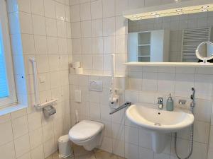 a bathroom with a sink and a toilet and a mirror at Haus am Anker in Hüde +5 photos