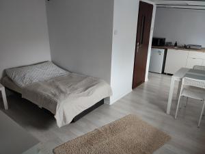 sypialnia z łóżkiem i stołem oraz kuchnią w obiekcie Apartament Mariacka w Bydgoszczy