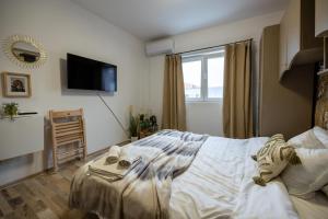 una camera da letto con un letto, una tv e una finestra di Cozy Studio Retreat - Quiet, Premium Stay a Timişoara