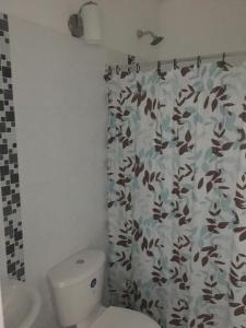 a bathroom with a toilet and a shower curtain at Finca Jerusalen in Tobia