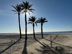 3 palmeras en una playa de arena con una mesa en Tres Sol Apartamento, en Santa Pola