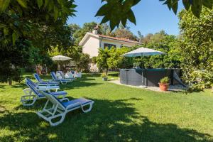 a row of lounge chairs and umbrellas in a yard at Quinta Santo António Amares in Amares