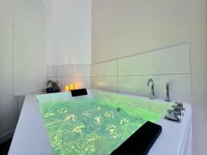 a bathroom with a tub with green water in it at Mon spa privé - Balnéo & Sauna - Le Mans insolite in Le Mans +8 photos