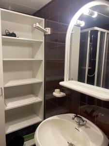 a bathroom with a sink and a mirror at Residence Solaria, Albarè, Marilleva 1400 in Marilleva