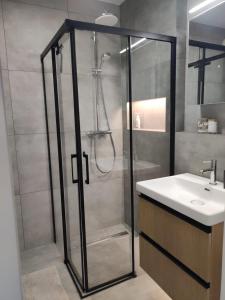 ワンツトにあるApartament Rutkiewiczのシャワーと洗面台付きのバスルーム