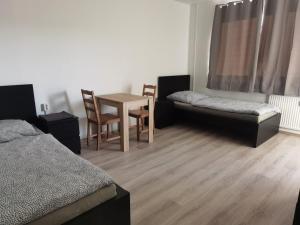 a bedroom with a table and a bed and a table and chairs at 2 Bett Monteurwohnung in Zeithain in Zeithain