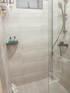 a bathroom with a shower with a glass door at Nanic Homes Executive Studio in Marimbeti +9 photos