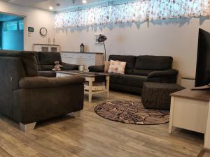 a living room with two couches and a tv at Hostelli Jokiranta in Lieksa