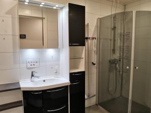 a bathroom with a sink and a shower at Hostelli Jokiranta in Lieksa +12 photos