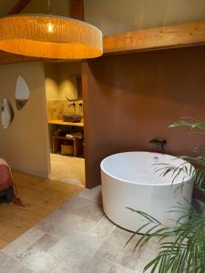 ein Badezimmer mit einer Badewanne auf dem Boden in der Unterkunft Villa Louisa in Saint-Malo