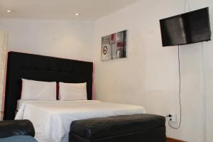 a bedroom with a bed and a tv on the wall at Isabels2 Guest house in Johannesburg