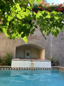 una piscina con una fuente frente a un edificio en Mas de silvacane, en La Roque-d'Anthéron