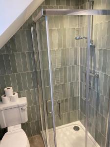 a bathroom with a shower and a toilet at Trowel and Hammer, Flat 2 in Cotton