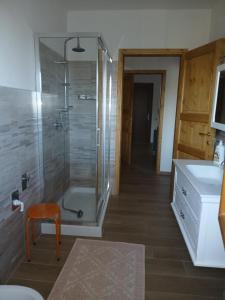 a bathroom with a shower and a stool and a sink at appartamento da maria in Magliano in Toscana +3 photos