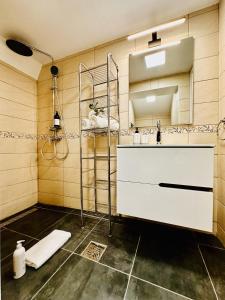 a bathroom with a sink and a shower at 5 to Stay near Legends of Bran in Bran