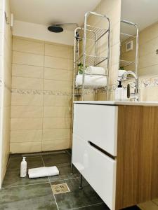 a bathroom with a sink and a shelf with towels at 5 to Stay near Legends of Bran in Bran +29 photos