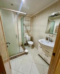 Un baño con ducha, inodoro y lavabo. en Apartments My London, en Chernivtsi