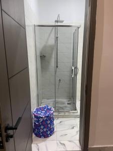 a shower with a glass door in a bathroom at Plot9 Road9 NTA road in Port Harcourt