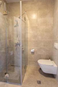 a bathroom with a toilet and a glass shower at LINA - PG, Riverside Apartment in Podgorica