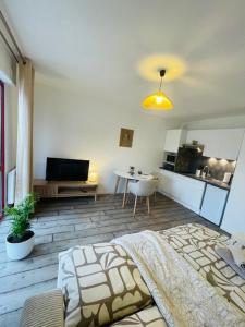 a living room with a couch and a kitchen at Le Studio de Théa - Private Parking - 2 Guests in Le Mans +5 photos