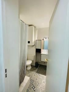 a small bathroom with a toilet and a sink at Le Studio de Théa - Private Parking - 2 Guests in Le Mans