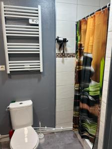 a bathroom with a toilet and a shower curtain at L attrape rêves in Le Creusot