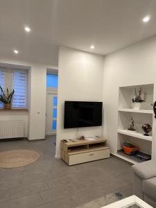 a living room with a flat screen tv on a wall at Ferienwohnung Louis in Gerolstein