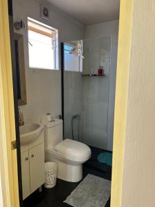 ein Badezimmer mit einer weißen Toilette und einem Waschbecken in der Unterkunft Casa Condominio la Bahía in Coquimbo