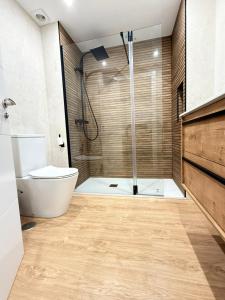 a bathroom with a shower and a toilet at Reformado Centro con Terraza in Castro-Urdiales