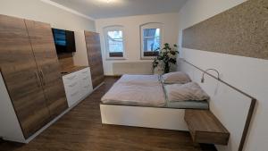 a bedroom with a bed and a television in it at Ferienwohnung Alexander in Elsterheide