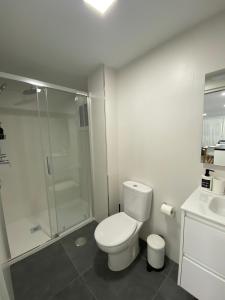 a white bathroom with a toilet and a shower at Apartamento céntrico en Málaga junto al puerto in Málaga