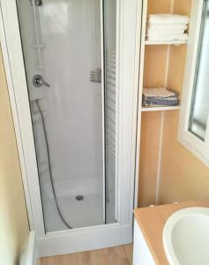 una doccia con una porta in vetro in un bagno di Bungalow paisible à Cauterets a Cauterets