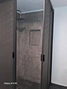 a shower with a glass door in a bathroom at La morada Enamorada in Mexico City