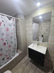 a bathroom with a sink and a shower curtain at Alquiler Temporario Rosario 22 in Rosario