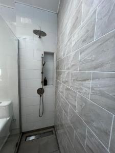 a bathroom with a shower and a toilet at Antu relajo y natura in Curacautín +35 photos