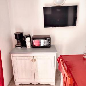 Televízia a/alebo spoločenská miestnosť v ubytovaní Maison charmante à Salavas avec piscine et jardin