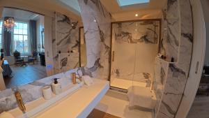 un bagno con doccia e lavandino di Royal Rooms Dordrecht a Dordrecht Altre 29 foto