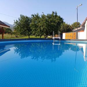 a large blue swimming pool with a chair in it at Villa Apartments B&D in Ohrid