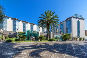 ein großes Gebäude mit einer Palme davor in der Unterkunft Grand Hotel Duca D'Este in Tivoli Terme